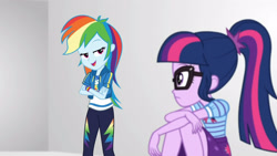 Size: 3410x1920 | Tagged: safe, derpibooru import, screencap, rainbow dash, sci-twi, twilight sparkle, better together, equestria girls, rollercoaster of friendship, bowtie, clothes, crossed arms, cutie mark, cutie mark on clothes, female, geode of super speed, glasses, high res, hoodie, jewelry, magical geodes, necklace, open mouth, open smile, ponytail, smiling