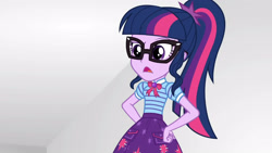 Size: 3410x1920 | Tagged: safe, derpibooru import, screencap, sci-twi, twilight sparkle, better together, equestria girls, rollercoaster of friendship, bowtie, clothes, cutie mark, cutie mark on clothes, female, geode of telekinesis, glasses, hand on hip, high res, jewelry, magical geodes, necklace, open mouth, ponytail, solo