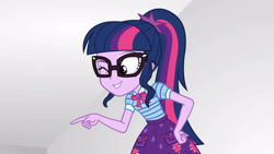 Size: 3410x1920 | Tagged: safe, derpibooru import, screencap, sci-twi, twilight sparkle, better together, equestria girls, rollercoaster of friendship, bowtie, clothes, cute, cutie mark, cutie mark on clothes, female, geode of telekinesis, glasses, high res, jewelry, magical geodes, necklace, one eye closed, ponytail, smiling, solo, twiabetes, wink