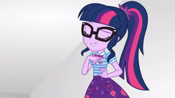 Size: 3410x1920 | Tagged: safe, derpibooru import, screencap, sci-twi, twilight sparkle, better together, equestria girls, rollercoaster of friendship, bowtie, clothes, cutie mark, cutie mark on clothes, eyes closed, female, geode of telekinesis, glasses, high res, jewelry, magical geodes, necklace, ponytail, smiling, solo