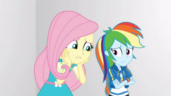 Size: 3410x1920 | Tagged: safe, derpibooru import, screencap, fluttershy, rainbow dash, better together, equestria girls, rollercoaster of friendship, clothes, crossed arms, cutie mark, cutie mark on clothes, female, geode of fauna, geode of super speed, high res, hoodie, jewelry, magical geodes, necklace