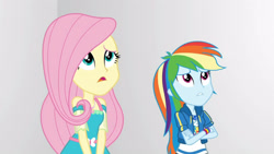 Size: 3410x1920 | Tagged: safe, derpibooru import, screencap, fluttershy, rainbow dash, better together, equestria girls, rollercoaster of friendship, clothes, crossed arms, cutie mark, cutie mark on clothes, female, geode of fauna, geode of super speed, high res, hoodie, jewelry, magical geodes, necklace, open mouth