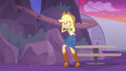 Size: 3410x1920 | Tagged: safe, derpibooru import, screencap, applejack, better together, equestria girls, rollercoaster of friendship, applejack's hat, belt, boots, clothes, cowboy boots, cowboy hat, cutie mark, cutie mark on clothes, denim skirt, female, geode of super strength, hat, high res, jewelry, magical geodes, necklace, shoes, skirt, solo