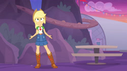 Size: 3410x1920 | Tagged: safe, derpibooru import, screencap, applejack, better together, equestria girls, rollercoaster of friendship, applejack's hat, belt, boots, clothes, cowboy boots, cowboy hat, cutie mark, cutie mark on clothes, denim skirt, female, geode of super strength, hat, high res, jewelry, magical geodes, necklace, shoes, skirt, solo