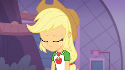 Size: 3410x1920 | Tagged: safe, derpibooru import, screencap, applejack, better together, equestria girls, rollercoaster of friendship, applejack's hat, clothes, cowboy hat, cutie mark, cutie mark on clothes, eyes closed, female, geode of super strength, hat, high res, jewelry, magical geodes, necklace, solo