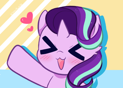 Size: 6800x4900 | Tagged: safe, artist:itskittyrosie, artist:kittyrosie, derpibooru import, starlight glimmer, pony, unicorn, >.<, abstract background, blushing, cute, female, floating heart, glimmerbetes, heart, open mouth, raised hoof, raised leg, signature, solo