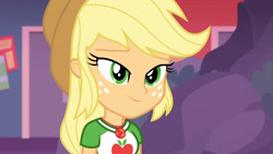 Size: 3410x1920 | Tagged: safe, derpibooru import, screencap, applejack, better together, equestria girls, rollercoaster of friendship, applejack's hat, clothes, cowboy hat, cutie mark, cutie mark on clothes, female, geode of super strength, hat, high res, jewelry, magical geodes, necklace, smiling, solo