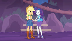 Size: 3410x1920 | Tagged: safe, derpibooru import, screencap, applejack, rarity, equestria girls, equestria girls series, rollercoaster of friendship, applejack's hat, belt, boots, bracelet, clothes, cowboy boots, cowboy hat, cutie mark, cutie mark on clothes, denim skirt, female, geode of shielding, geode of super strength, hairpin, hat, high heels, high res, holding hands, jewelry, magical geodes, necklace, rarity peplum dress, shoes, skirt, smiling