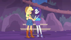 Size: 3410x1920 | Tagged: safe, derpibooru import, screencap, applejack, rarity, better together, equestria girls, rollercoaster of friendship, applejack's hat, belt, blushing, boots, bracelet, clothes, cowboy boots, cowboy hat, cutie mark, cutie mark on clothes, denim skirt, female, geode of super strength, hairpin, hat, high heels, high res, holding hands, jewelry, looking at each other, magical geodes, necklace, rarity peplum dress, shoes, skirt, smiling