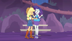 Size: 3410x1920 | Tagged: safe, derpibooru import, screencap, applejack, rarity, better together, equestria girls, rollercoaster of friendship, applejack's hat, belt, blushing, boots, bracelet, clothes, cowboy boots, cowboy hat, denim skirt, eyes closed, female, geode of shielding, geode of super strength, hairpin, hat, high heels, high res, jewelry, magical geodes, necklace, open mouth, rarity peplum dress, shoes, skirt, smiling