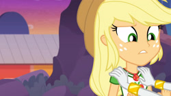 Size: 3410x1920 | Tagged: safe, derpibooru import, screencap, applejack, rarity, better together, equestria girls, rollercoaster of friendship, applejack's hat, bracelet, clothes, cowboy hat, cutie mark, cutie mark on clothes, female, geode of super strength, hat, high res, jewelry, magical geodes, necklace, offscreen character, solo focus