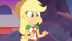 Size: 3410x1920 | Tagged: safe, derpibooru import, screencap, applejack, better together, equestria girls, rollercoaster of friendship, applejack's hat, belt, clothes, cowboy hat, cutie mark, cutie mark on clothes, denim skirt, female, geode of super strength, hat, high res, jewelry, magical geodes, necklace, skirt, solo