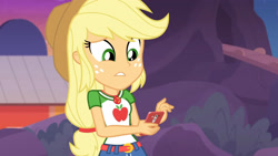 Size: 3410x1920 | Tagged: safe, derpibooru import, screencap, applejack, better together, equestria girls, rollercoaster of friendship, applejack's hat, belt, cellphone, clothes, cowboy hat, cutie mark, cutie mark on clothes, denim skirt, female, geode of super strength, hat, high res, jewelry, magical geodes, necklace, phone, skirt, smartphone, solo