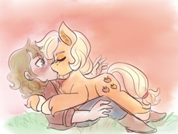 Size: 2129x1604 | Tagged: safe, artist:mimiporcellini, derpibooru import, applejack, earth pony, human, blushing, colored sketch, crossover, crossover shipping, eyes closed, hol horse, holjack, interspecies, jojo's bizarre adventure, kiss on the lips, kissing, shipping