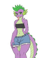 Size: 1400x1900 | Tagged: safe, artist:zachc, derpibooru import, spike, anthro, dragon, :p, belly button, clothes, denim shorts, fangs, femboy, looking at you, male, shorts, signature, simple background, solo, tongue, tongue out, trap, white background, wide hips