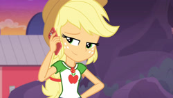 Size: 3410x1920 | Tagged: safe, derpibooru import, screencap, applejack, better together, equestria girls, rollercoaster of friendship, applejack's hat, cellphone, clothes, cowboy hat, cutie mark, cutie mark on clothes, female, geode of super strength, hat, high res, jewelry, magical geodes, necklace, phone, smartphone, smiling, solo