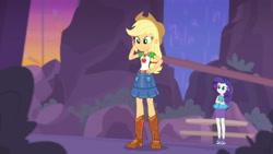 Size: 3410x1920 | Tagged: safe, derpibooru import, screencap, applejack, rarity, better together, equestria girls, rollercoaster of friendship, applejack's hat, belt, boots, bracelet, cellphone, clothes, cowboy boots, cowboy hat, crossed arms, denim skirt, female, geode of shielding, geode of super strength, hairpin, hand on hip, hat, high heels, high res, jewelry, magical geodes, necklace, phone, rarity peplum dress, shoes, skirt, smartphone