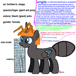 Size: 900x900 | Tagged: safe, artist:calebtyink, derpibooru import, oc, oc:brinlee b. mega, alicorn, insect, original species, pony, ant, ant pony, bigger then building, building, female, giant ant, giant ant pony, giant pony, giantess, i can't believe it's not badumsquish, macro, mare, random pony, size chart, size comparison, we well gonna need bigger bug repellant
