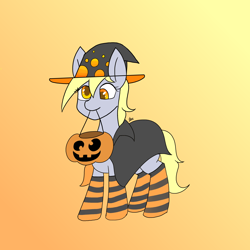 Size: 2200x2200 | Tagged: safe, artist:zachc, derpibooru import, derpy hooves, pegasus, pony, clothes, gradient background, halloween, hat, holiday, pumpkin bucket, socks, solo, striped socks, witch costume, witch hat