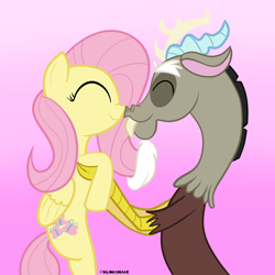 Size: 3600x3600 | Tagged: safe, artist:blinkshake, derpibooru import, discord, fluttershy, draconequus, pegasus, pony, g4, boop, discoshy, eyes closed, female, gradient background, high res, holding a pony, male, mare, noseboop, nuzzling, shipping, smiling, straight
