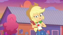 Size: 3410x1920 | Tagged: safe, derpibooru import, screencap, applejack, better together, equestria girls, rollercoaster of friendship, applejack's hat, belt, cellphone, clothes, cowboy hat, cutie mark, cutie mark on clothes, denim skirt, female, geode of super strength, hat, high res, jewelry, magical geodes, necklace, open mouth, phone, skirt, smartphone, solo