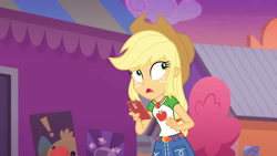 Size: 3410x1920 | Tagged: safe, derpibooru import, screencap, applejack, better together, equestria girls, rollercoaster of friendship, applejack's hat, belt, cellphone, clothes, cowboy hat, cutie mark, cutie mark on clothes, denim skirt, female, geode of super strength, hat, high res, jewelry, magical geodes, necklace, open mouth, phone, skirt, smartphone, solo