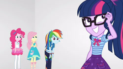 Size: 3410x1920 | Tagged: safe, derpibooru import, screencap, fluttershy, pinkie pie, rainbow dash, sci-twi, twilight sparkle, better together, equestria girls, rollercoaster of friendship, bowtie, clothes, cutie mark, cutie mark on clothes, female, geode of fauna, geode of sugar bombs, geode of super speed, geode of telekinesis, glasses, grin, high res, hoodie, jewelry, magical geodes, necklace, ponytail, smiling, tanktop