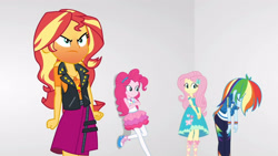Size: 3410x1920 | Tagged: safe, derpibooru import, screencap, fluttershy, pinkie pie, rainbow dash, sunset shimmer, equestria girls, equestria girls series, rollercoaster of friendship, angry, clothes, crossed arms, cutie mark, cutie mark on clothes, eyes closed, female, geode of empathy, geode of fauna, geode of sugar bombs, geode of super speed, hairpin, high res, hoodie, jacket, jewelry, leather, leather jacket, magical geodes, necklace, rageset shimmer, tanktop