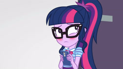 Size: 3410x1920 | Tagged: safe, derpibooru import, screencap, sci-twi, twilight sparkle, better together, equestria girls, rollercoaster of friendship, blushing, bowtie, cellphone, female, geode of telekinesis, glasses, high res, jewelry, magical geodes, necklace, phone, ponytail, smartphone, solo