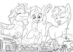 Size: 2000x1419 | Tagged: safe, artist:tsitra360, derpibooru import, oc, oc only, earth pony, pegasus, pony, unicorn, commission, female, giant pony, giantess, houses, lineart, macro, male, mare, mega giant, size difference, stallion