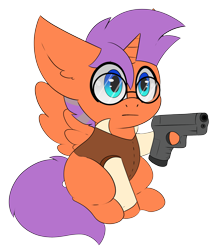 Size: 2501x2914 | Tagged: safe, artist:pegamutt, derpibooru import, oc, oc only, oc:glorious morning, alicorn, :l, alicorn oc, blank flank, chibi, clothes, commission, delet this, glasses, gun, horn, male, simple background, sitting, solo, stallion, transparent background, weapon, wings, ych result