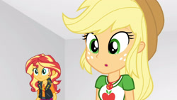 Size: 3410x1920 | Tagged: safe, derpibooru import, screencap, applejack, sunset shimmer, better together, equestria girls, rollercoaster of friendship, :o, applejack's hat, clothes, cowboy hat, cutie mark, cutie mark on clothes, female, geode of empathy, geode of super strength, hat, high res, jacket, jewelry, leather, leather jacket, magical geodes, necklace, open mouth