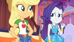 Size: 3410x1920 | Tagged: safe, derpibooru import, screencap, applejack, blueberry cake, rarity, better together, equestria girls, rollercoaster of friendship, applejack's hat, belt, bracelet, clothes, cowboy hat, denim skirt, female, geode of shielding, geode of super strength, hairpin, hat, high res, jewelry, magical geodes, open mouth, rarity peplum dress, skirt, smiling