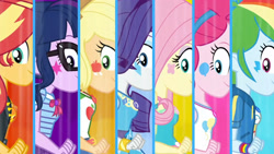 Size: 3410x1920 | Tagged: safe, derpibooru import, screencap, applejack, fluttershy, pinkie pie, rainbow dash, rarity, sci-twi, sunset shimmer, twilight sparkle, equestria girls, equestria girls series, rollercoaster of friendship, alternative cutie mark placement, applejack's hat, awesome cutie mark, belt, boobshot, bowtie, bracelet, breasts, clothes, cowboy hat, cutie mark, cutie mark on clothes, denim skirt, facial cutie mark, female, geode of empathy, geode of fauna, geode of shielding, geode of sugar bombs, geode of super speed, geode of super strength, geode of telekinesis, glasses, hat, headband, high res, hoodie, humane five, humane seven, humane six, image macro, jacket, jewelry, leather, leather jacket, magical geodes, necklace, ponytail, rarity peplum dress, shirt, side view, skirt, smiling, t-shirt, tanktop, transformation, transformation sequence, vest