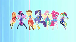 Size: 3410x1920 | Tagged: safe, derpibooru import, screencap, applejack, fluttershy, pinkie pie, rainbow dash, rarity, sci-twi, sunset shimmer, twilight sparkle, better together, equestria girls, rollercoaster of friendship, eyes closed, female, glasses, high res, humane five, humane seven, humane six, ponied up, ponytail, sandals, shoes, smiling, sneakers, wings