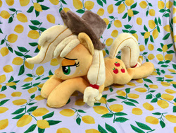 Size: 1280x960 | Tagged: safe, artist:kazzysart, derpibooru import, applejack, pony, irl, lidded eyes, lying down, photo, plushie, prone, solo