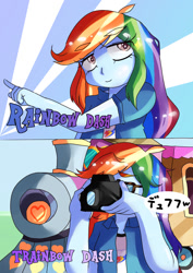 Size: 724x1023 | Tagged: safe, artist:araiiara123, derpibooru import, rainbow dash, equestria girls, camera, female, pointing, train