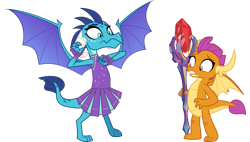 Size: 1799x1024 | Tagged: safe, derpibooru import, edit, dragon lord ember, princess ember, smolder, dragon, bloodstone scepter, body swap, cheerleader, cheerleader outfit, clothes, duo, duo female, eye color change, fanfic art, female, role reversal, shocked, simple background, transparent background, vector, vector edit, wings