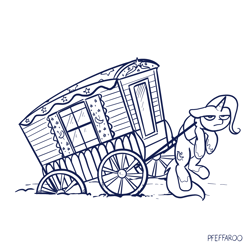 Size: 2048x2048 | Tagged: safe, artist:pfeffaroo, derpibooru import, trixie, pony, unicorn, monochrome, simple background, solo, stuck, trixie is not amused, trixie's wagon, unamused, wheels trixie, white background