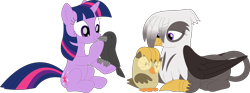 Size: 3578x1331 | Tagged: safe, artist:porygon2z, derpibooru import, owlowiscious, twilight sparkle, unicorn twilight, oc, oc:raiza, bird, crow, griffon, unicorn, simple background, transparent background