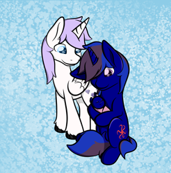 Size: 3200x3250 | Tagged: safe, artist:zombietator, derpibooru import, oc, oc only, alicorn, pony, unicorn, alicorn oc, female, hair over one eye, horn, mare, smiling, swaddling, unicorn oc, unshorn fetlocks, wings