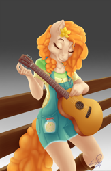 Size: 1626x2493 | Tagged: safe, alternate version, artist:cuervo-of-cristal, derpibooru import, pear butter, anthro, earth pony, background removed, clothes, eyes closed, female, flower, flower in hair, gradient background, guitar, musical instrument, overalls, signature, smiling