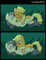 Size: 1472x1940 | Tagged: safe, artist:dimbulb, derpibooru import, applejack, rarity, earth pony, pony, unicorn, bedroom eyes, blushing, elton john, face licking, female, lesbian, licking, licking cheeks, lidded eyes, rarijack, scene interpretation, shipping, the lion king