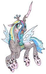 Size: 800x1278 | Tagged: safe, artist:emfen, derpibooru import, queen chrysalis, changeling, changeling queen, female, rainbow power, rainbow power-ified, simple background, solo, traditional art, transparent background, watermark