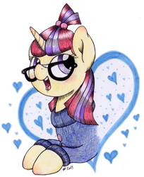 Size: 2212x2712 | Tagged: safe, artist:emfen, derpibooru import, moondancer, pony, unicorn, clothes, glasses, heart, heart background, lightly watermarked, open mouth, open smile, simple background, smiling, solo, sweater, traditional art, transparent background, watermark