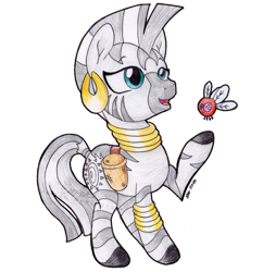 Size: 800x828 | Tagged: safe, artist:emfen, derpibooru import, zecora, parasprite, zebra, bag, bracelet, ear piercing, earring, female, jewelry, lightly watermarked, mare, neck rings, piercing, quadrupedal, raised hoof, raised leg, saddle bag, simple background, solo, traditional art, transparent background, watermark