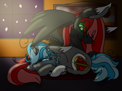 Size: 1024x768 | Tagged: safe, artist:sketchytwi, derpibooru import, oc, pegasus, pony, unicorn, duo, female, horn, indoors, lying down, mare, night, pegasus oc, prone, stars, unicorn oc, wings