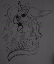 Size: 1604x1870 | Tagged: safe, artist:sketchytwi, derpibooru import, oc, oc:sketchy, pony, unicorn, ahegao, bust, clothes, eyes rolling back, female, horn, mare, messy mane, open mouth, scarf, solo, tongue, tongue out, traditional art, unicorn oc