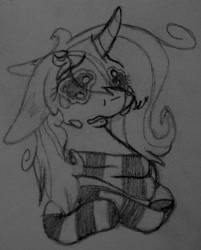 Size: 1028x1280 | Tagged: safe, artist:sketchytwi, derpibooru import, oc, oc:sketchy, pony, unicorn, bust, clothes, crying, ears, female, floppy ears, horn, mare, scarf, solo, traditional art, unicorn oc