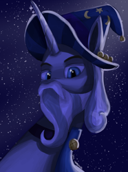 Size: 1000x1346 | Tagged: safe, artist:trotski432, derpibooru import, star swirl the bearded, pony, unicorn, beard, bell, bust, cloak, clothes, facial hair, hat, looking at you, male, night, portrait, stallion, stars